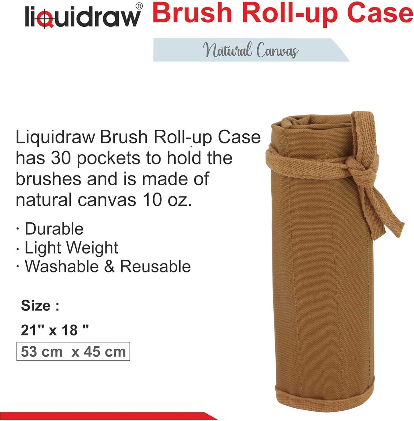 Liquidraw 30 Pocket Canvas Paint Brush Holder - Natural | 21" x 18" | Roll Up Brush Storage Pouch | Ideal Case for Paintbrush & Art Tool Storage | Easy to Carry | Also Great for Storing Makeup Brushes