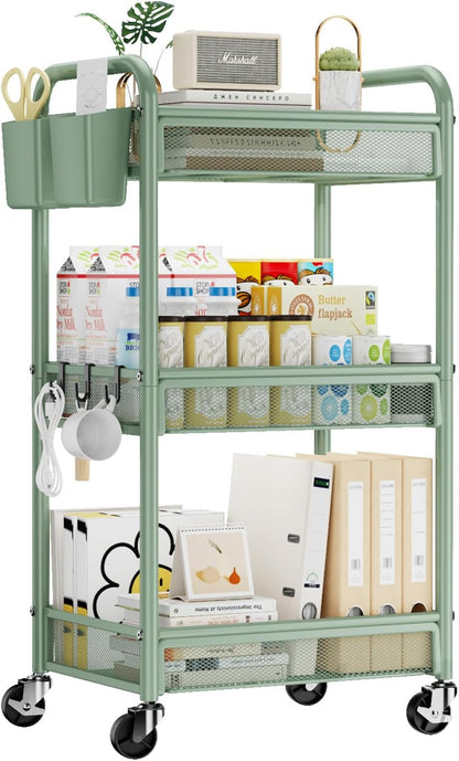 YASONIC 3 Tier Rolling Cart – Metal Utility Storage Carts with Wheels, Craft Carts Organizer with Hanging Cups, Hooks, Mesh Basket for Bedside Kitchen Office Art, Green