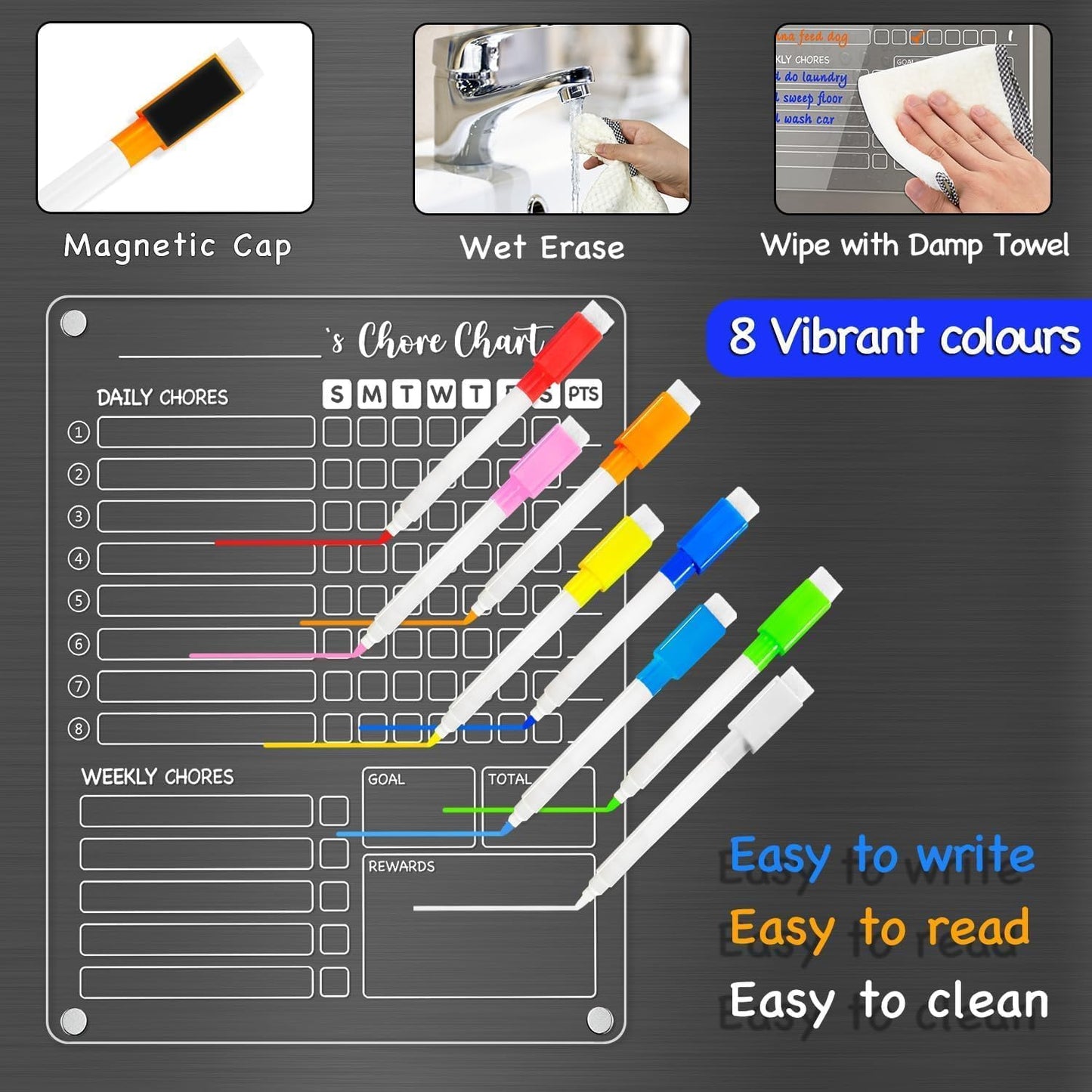 PigPotParty Acrylic Magnetic to Do List Whiteboard for Refrigerator, 12x9.5 Inch Clear Dry Erase Checklist Board, 3-Column Fridge List with Pre-Installed Embedded Magnet, 8 Markers and 1 Towel