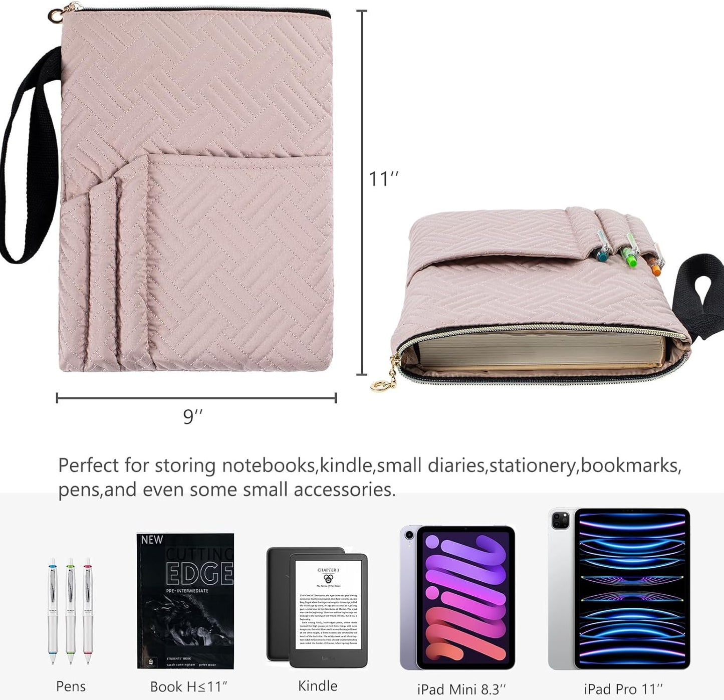 APLUFINE Book Sleeve with Zipper, 11"X9" Padded Book Protector, Washable Quilted Book Covers for Paperbacks, Book Pouch with Pockets for Book Lover Gifts