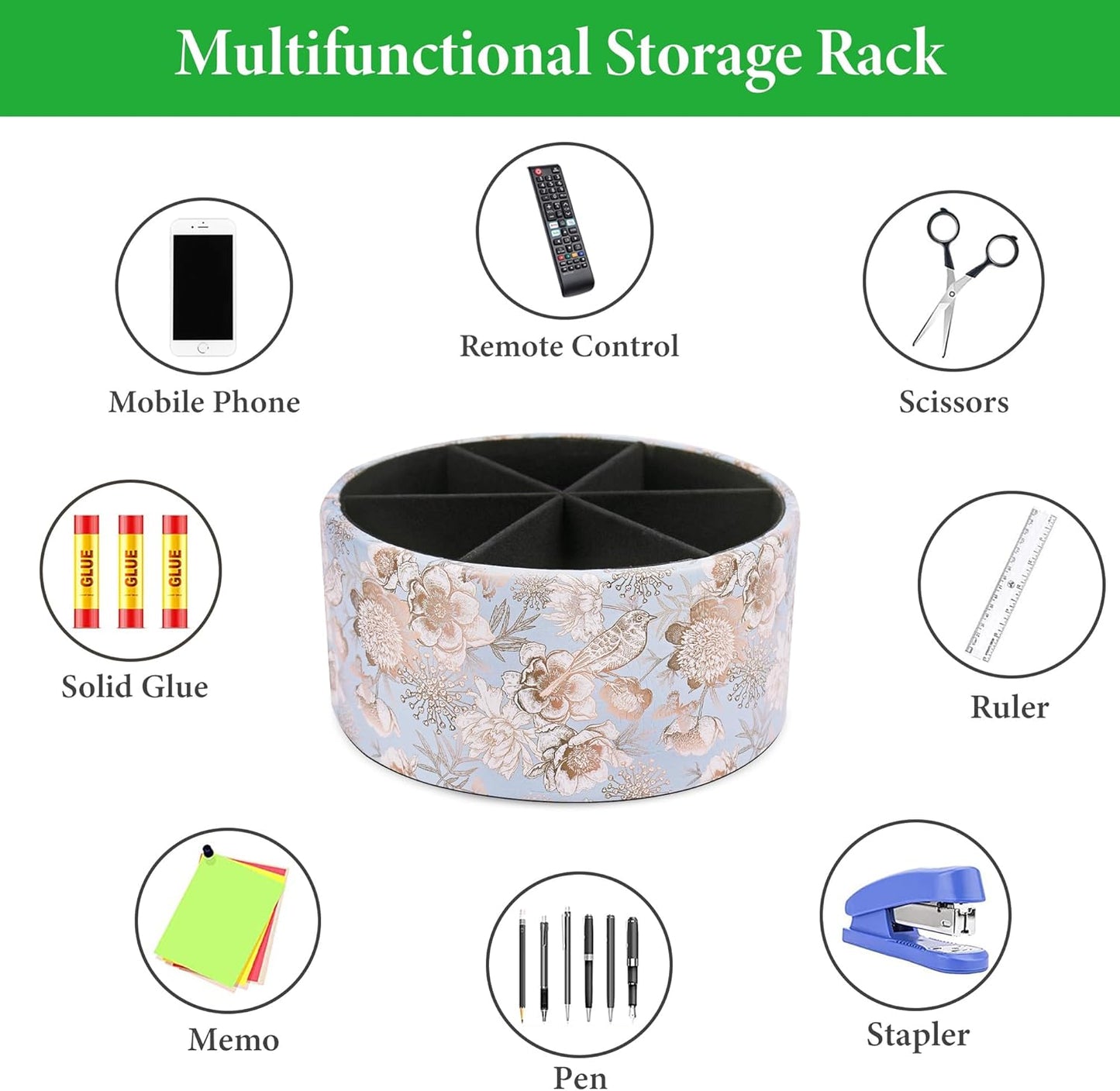 Round Leather Art Supply Organizer,Remote Control Holder,360 Degree Rotating,Multi-Functional Pencil Holder,4 Compartments Desktop Stationary Organizer(1-Fractal Flower) | Round - Colors B