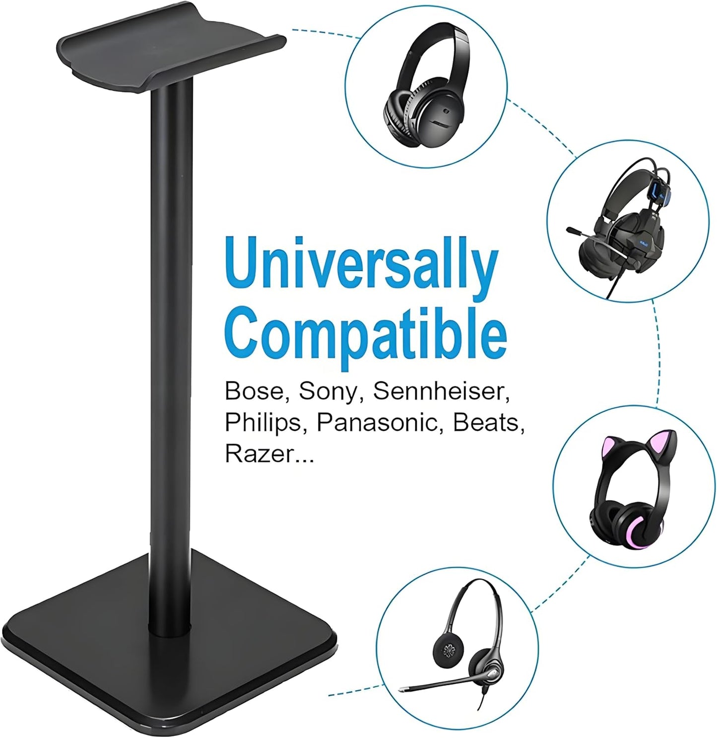 Headphone Stand, Universal Aluminum Metal Holder for AirPods Max, HyperX Cloud II, Xbox One, Turtle Beach, Sennheiser, Sony, Bose, Beats PC Gaming Headset Display & Bluetooth Headphones (Black)