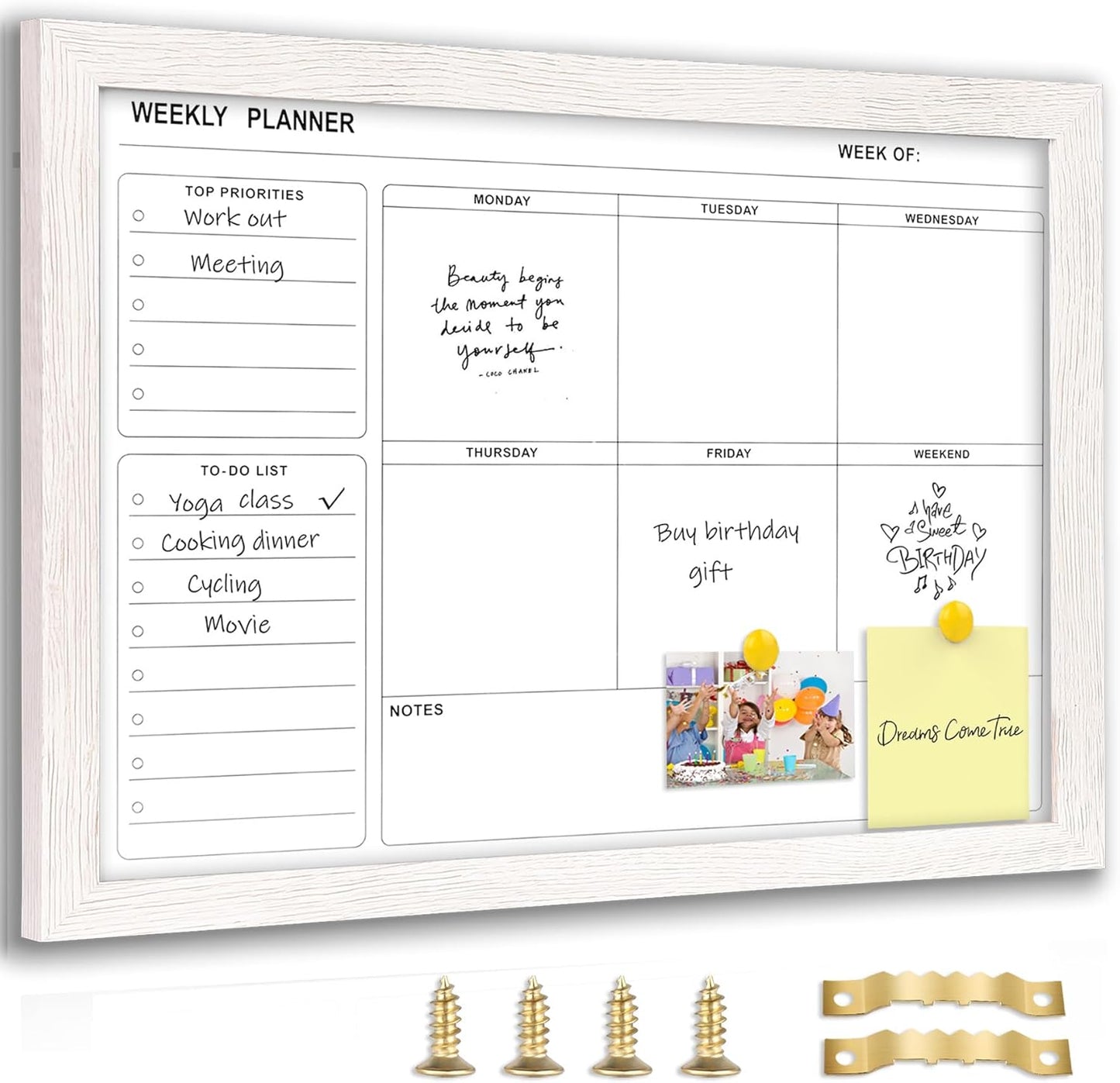White Board Weekly Calendar Dry Erase Planner for Wall-16"X12",White Solid Wood Frame,Minimal/Modern Design, Magnetic Whiteboard Planner for to Do List, Memo, School, Home, Office, Kitchen