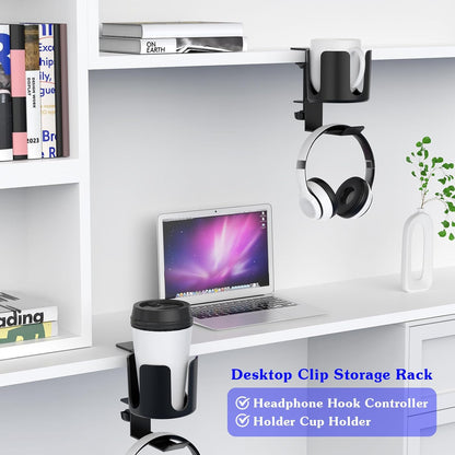 Desk Cup Holder Clip On 360° Rotating Clamp,Deeper Anti-Spill Drink Holders for Water Bottles & Coffee Mugs,Adjustable Clamp Fits Screw On Table for Drinks,Office,Gaming Desk,Home,Black