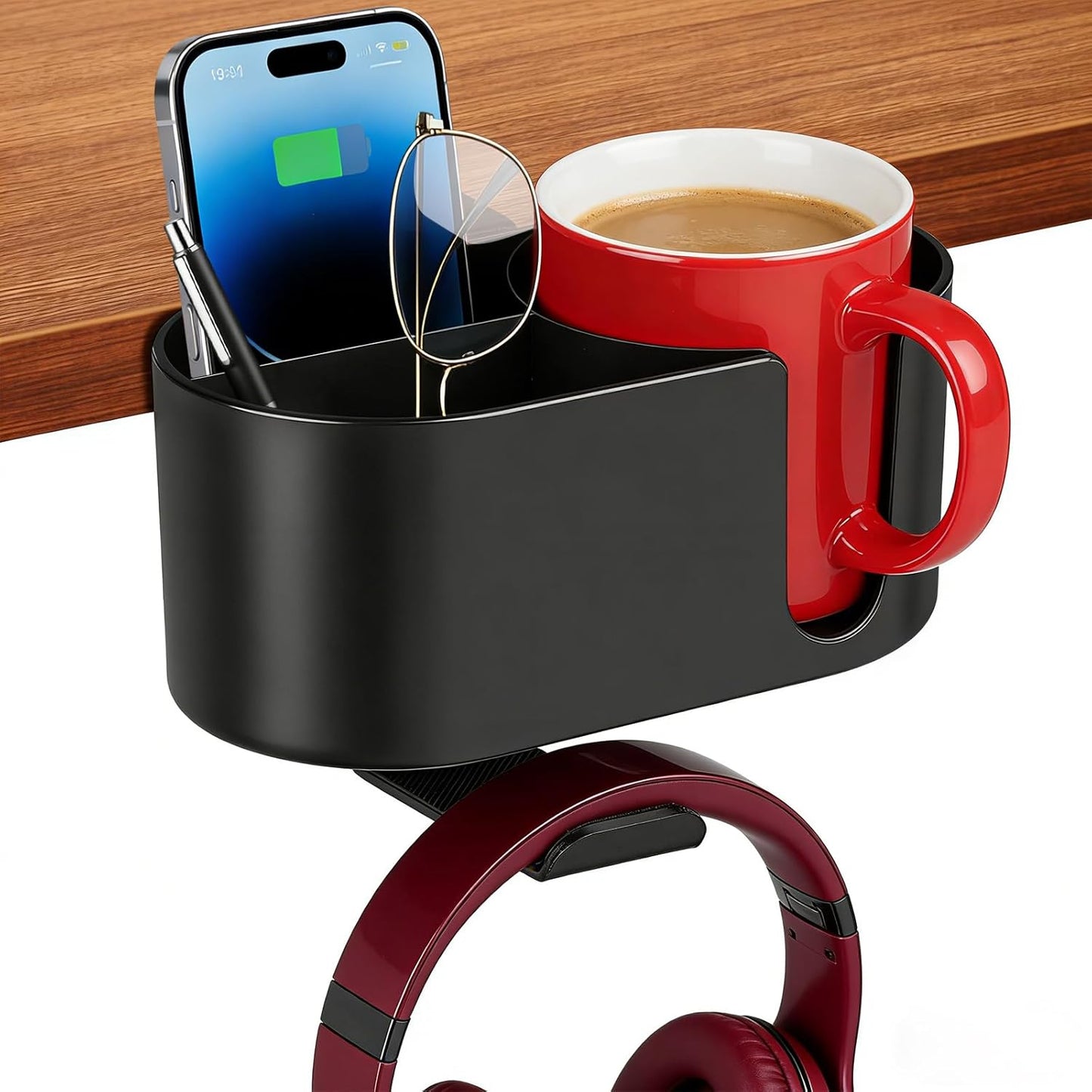 MYITYARD Desk Cup Holder Clamp, Anti-Spill Clip On Table Cup Holder, Rotatable Water Bottle Stand Drink Coffee Mug Storage, Office Accessories for Home and School (Black)