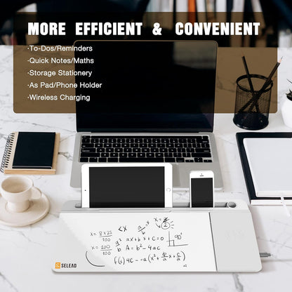 SELEAD Desktop Glass Whiteboard with Wireless Charger Station, Dry Erase Board Computer Pad Keyboard Stand with Organizer for Home, School, Office Desk Accessories, Black