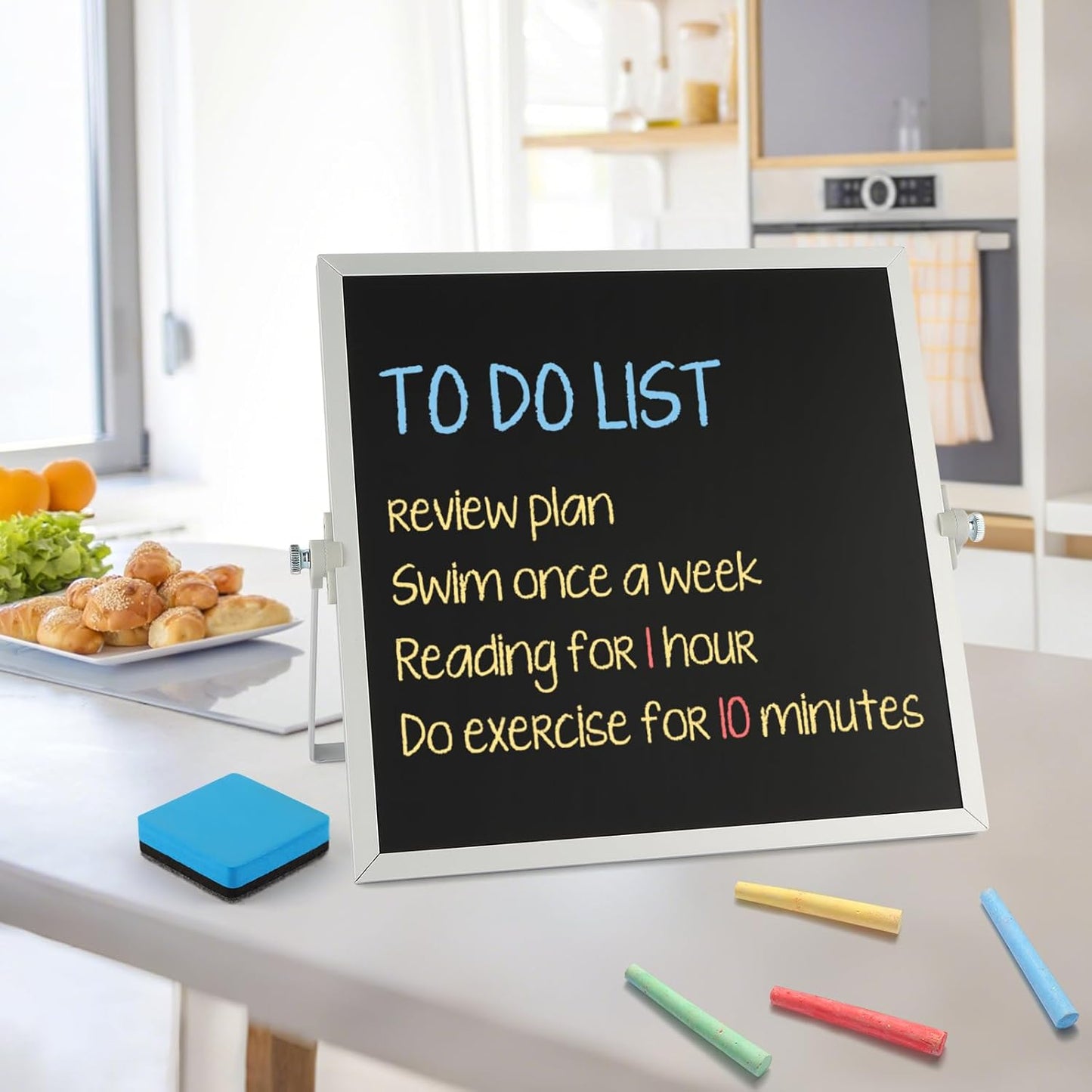 Small Magnetic Chalk Board Easel 10"X10", Double-Sided Tabletop & Wall Hanging Chalkboard with 4 Chalks & Eraser, Desktop Mini Black Board Sign for Office Desk Home Menu and School