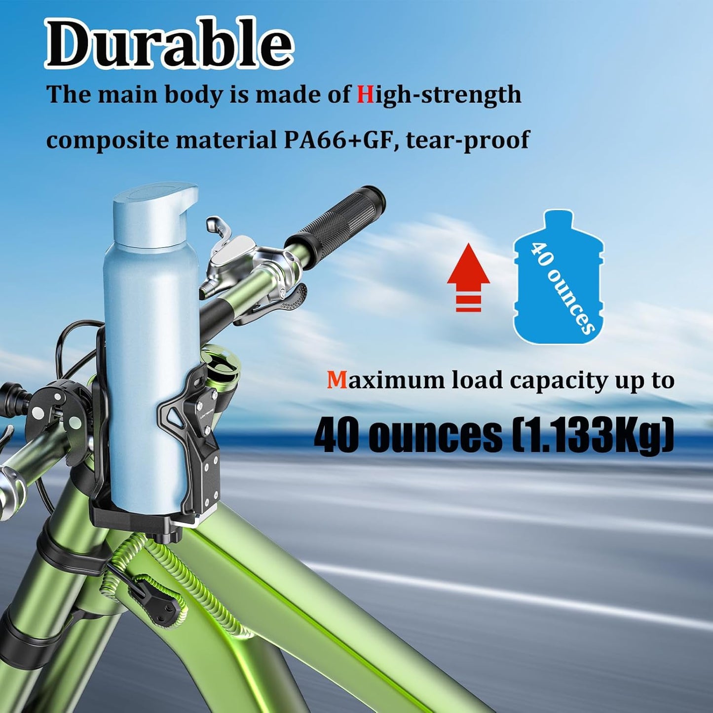 LOKTENWO Anti-Theft Motorcycle Cup Holder, Extra Large Adjustable Size Bike Water Bottle Holder for 1.95-3.6" Diameter Bottles, Bicycle Drink Cage for Handlebar & Frame Fit Scooter, Stroller, ATV