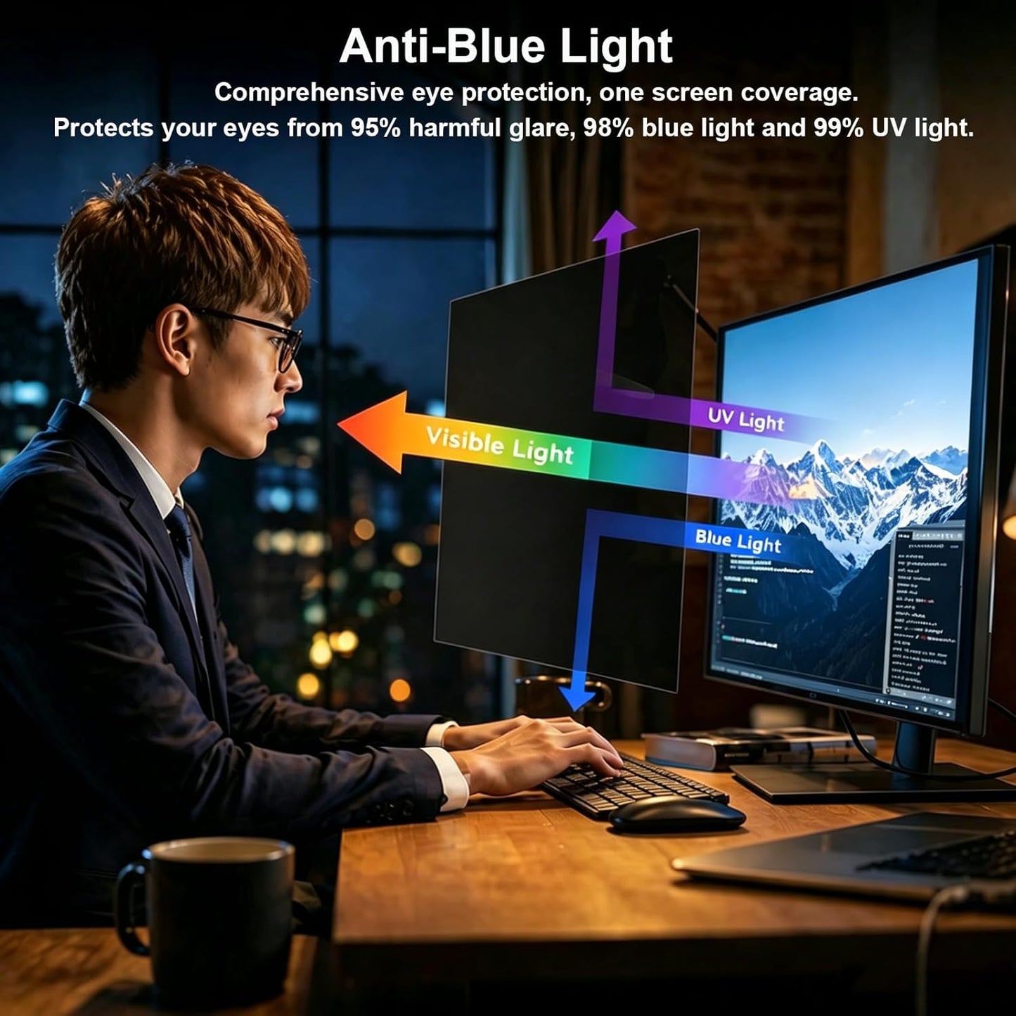 [2-Pack] 24 Inch Computer Privacy Screen 16:9 Aspect Ratio Widescreen Monitor, Eye Protection Anti Blue Light Glare Computer Monitor Privacy Filter, 24inch Removable Black Blackout Anti Spy Desktop Security Privacy Filter