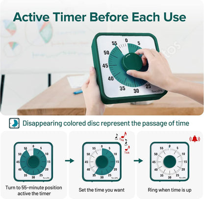 Secura Home 60-Minute Visual Timer, 7.5 Inch Oversize Countdown Timer Clock for Kids and Adults, Durable Mechanical Time Management Tool with Magnetic Backing （Dark Green）