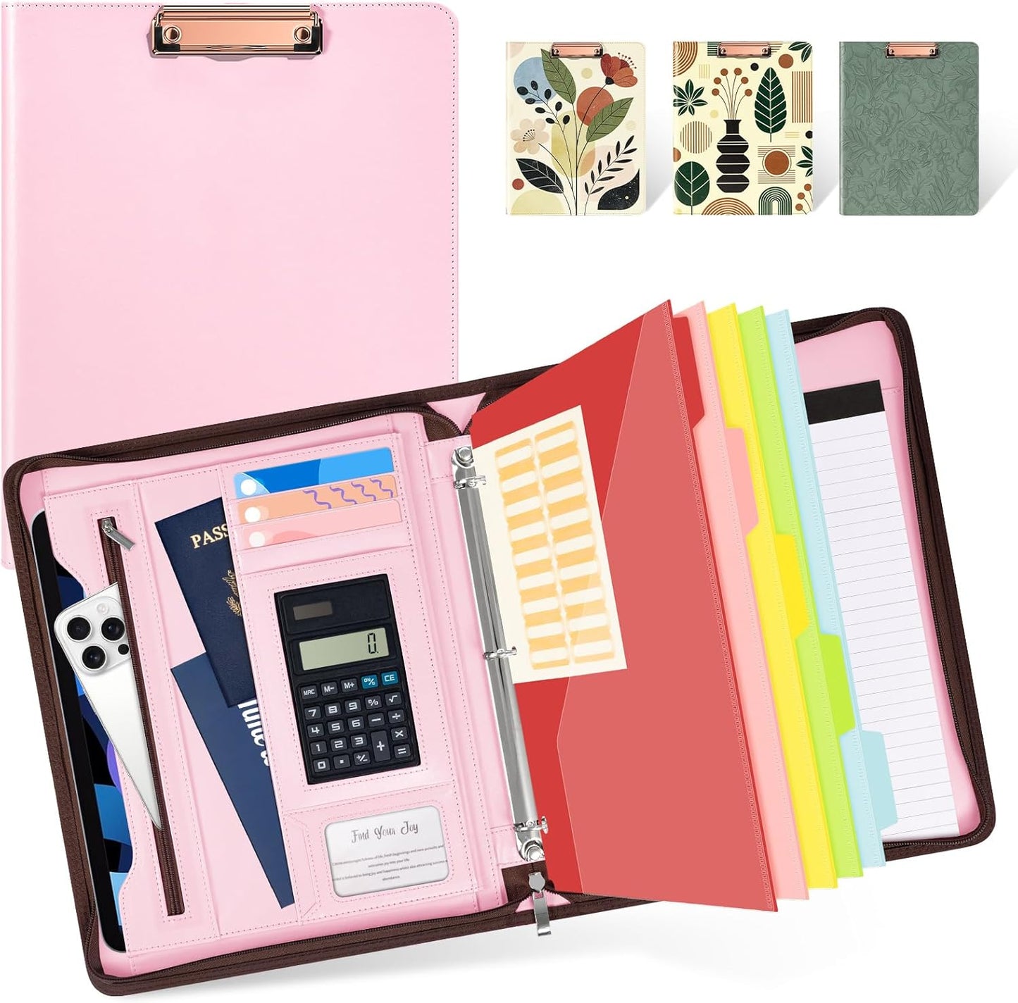 Ospelelf Zippered Padfolio Portfolio Folder, Leather Clipboard with Storage, 3 Ring Binder 1 Inch,12.1” Tablet Sleeve, 5 Dividers with Pocket, Refillable Notepad, Card Slot (Classic Black)