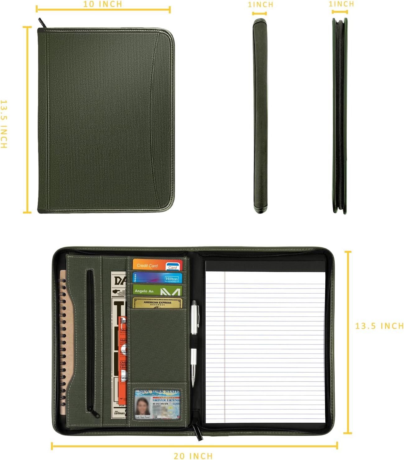 Zippered Portfolio Organizer/ A4 Refillable Lined Writing Notepad Folder Case/Fabric-Covered Padfolio Binder with Interior Storage Pocket for Men Women.Classic Black