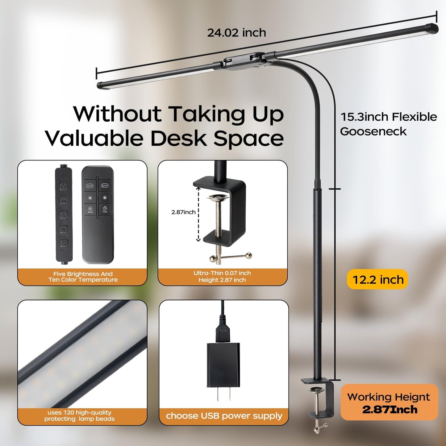 LED Desk Lamp with Clamp, Double Head Adjustable Architect Light, Eye-Caring Monitor Desk Lamp for Home Office, Flexible Gooseneck Task Lamp with 10 Brightness Levels & 5 Color Temperature Modes Black