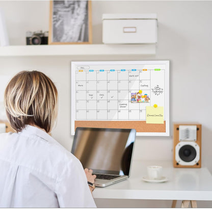 Monthly Whiteboard Calendar with Cork Board for Wall, 17"x13",Magnetic Dry Erase Board with White Wood Framed,2-1 Wall Planner Whiteboard,Bulletin Board with Pins for Home,School,Office