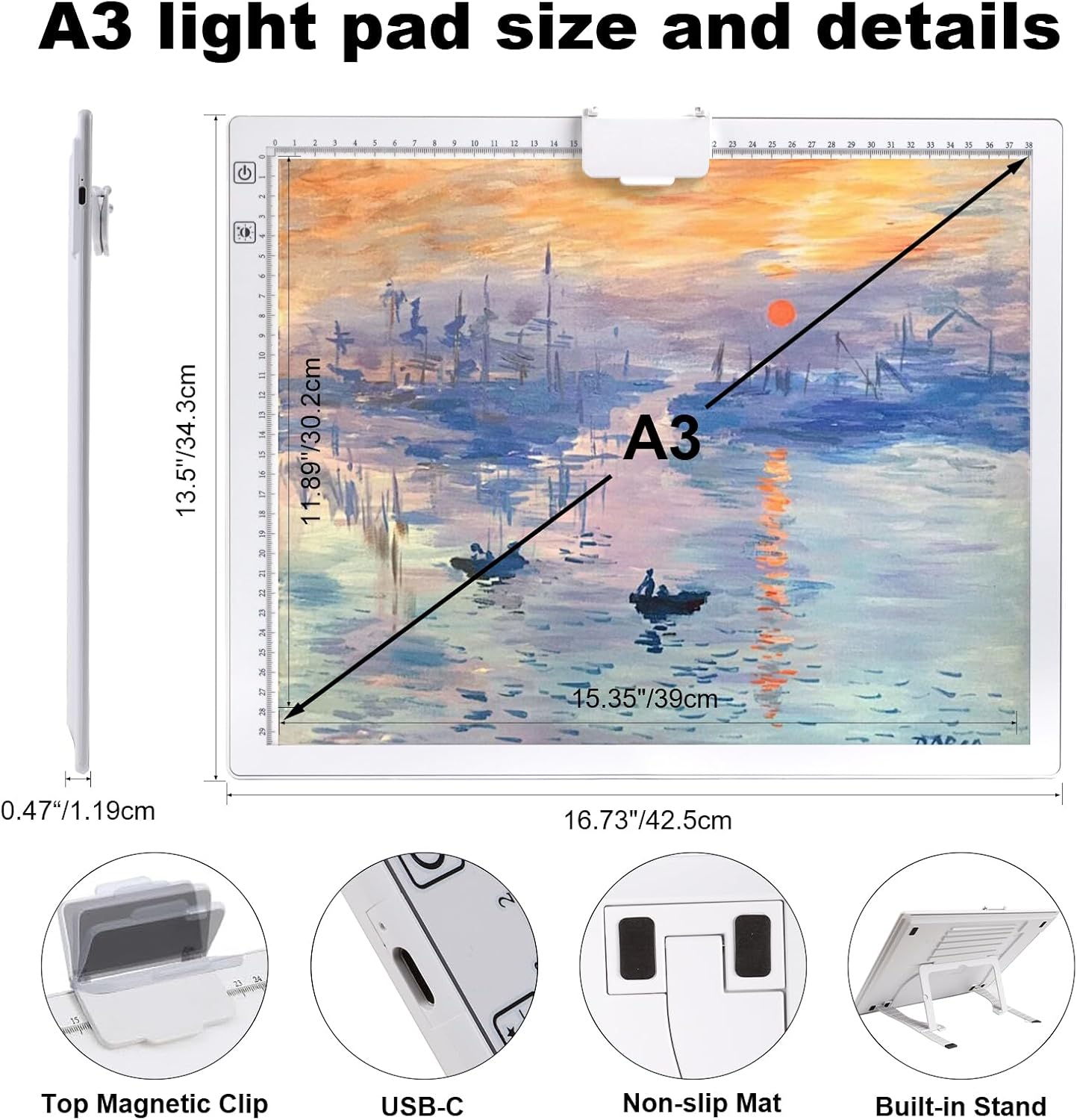 YINGWOND Rechargeable A4 LED Light Pad with Padded Case, Tracing Light Box w/Riser Stands and Paper Clip, 6 Levels of Brightness, Type-c Cable, Wireless Diamond Painting Light Board