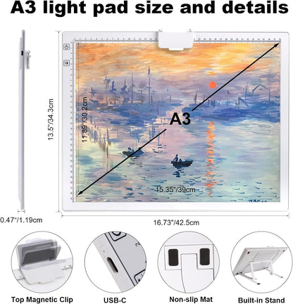 YINGWOND Rechargeable A4 LED Light Pad with Padded Case, Tracing Light Box w/Riser Stands and Paper Clip, 6 Levels of Brightness, Type-c Cable, Wireless Diamond Painting Light Board