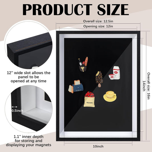 Vicenpal 1 Pcs Large Magnetic Board 16" x 12" Magnet Display Board Removable Souvenir Fridge Magnet Frames Case for Wall Dust Proof Magnetic Shadow Box for Wall Table Refrigerator (Black)