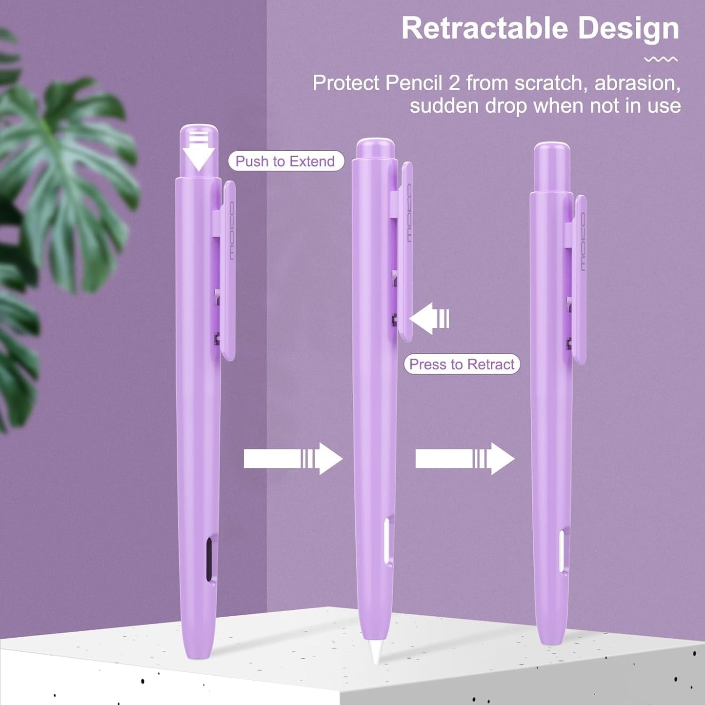 MoKo Holder Case Compatible with Apple Pencil 2nd Generation, Retractable Protective Apple Pencil Cover with Sturdy Clip, Hard PC Apple Pencil Case, Support Double-Tap, Dark Purple