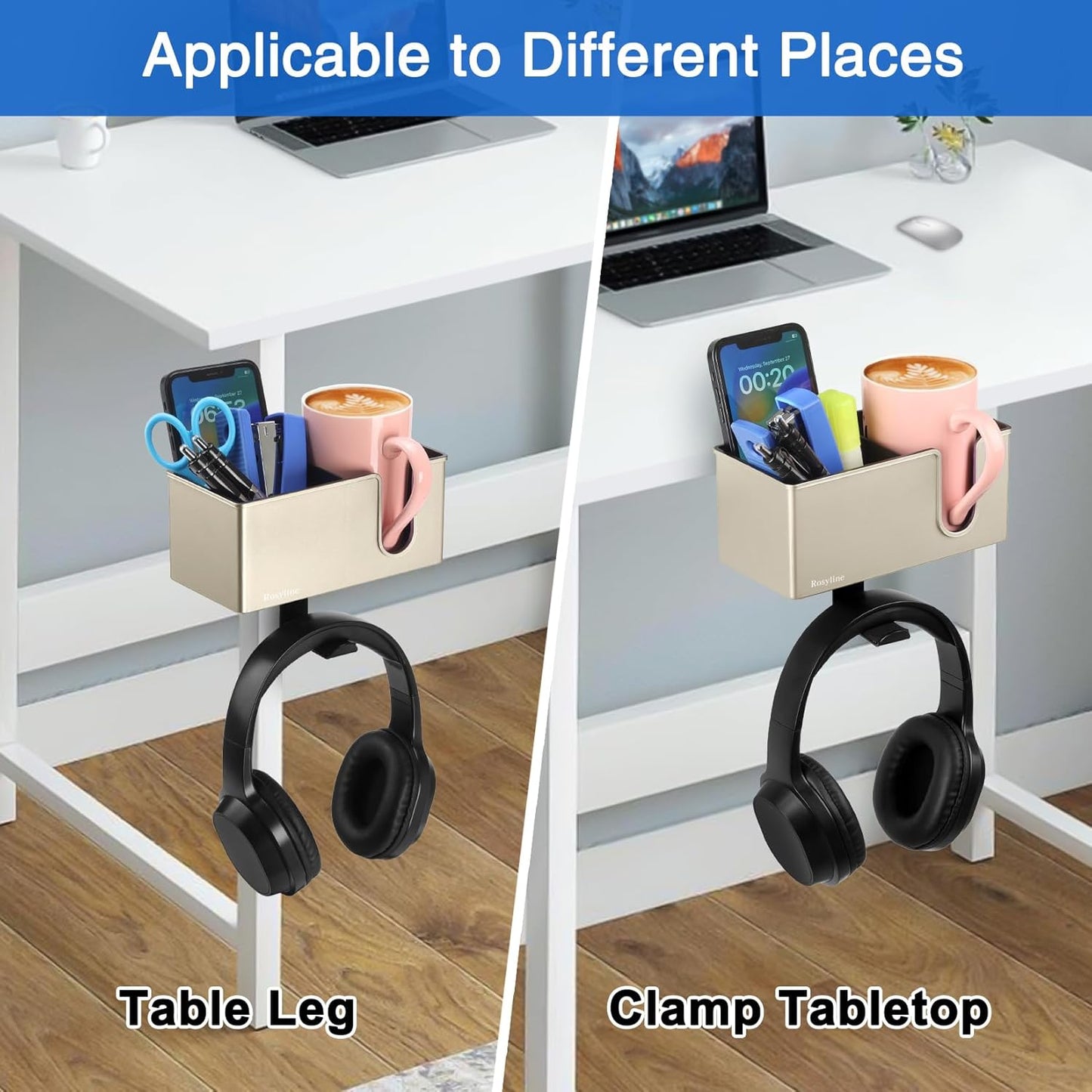 Rosyline 3-in-1 Desk Cup Holder & Clip-on Cup Holder, Clip on Desk Organizer – with Anti-Spill Function, Keeps Your Coffee, Headset, Phone & Pens Within Easy Reach, for Office Desk (Black)