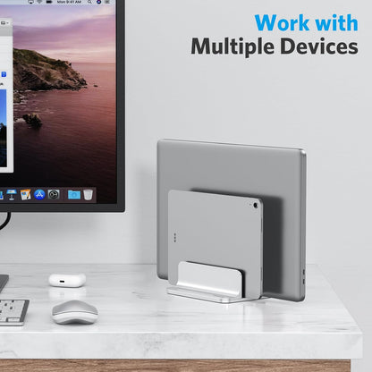 OMOTON Vertical Laptop Stand [Updated Double Version], Desktop Aluminum Mac Book Stand with Adjustable Dock Size, Fits All Mac Book, Surface, Chrome Book and Gaming Laptops (Up to 17.3 inch) (Black)