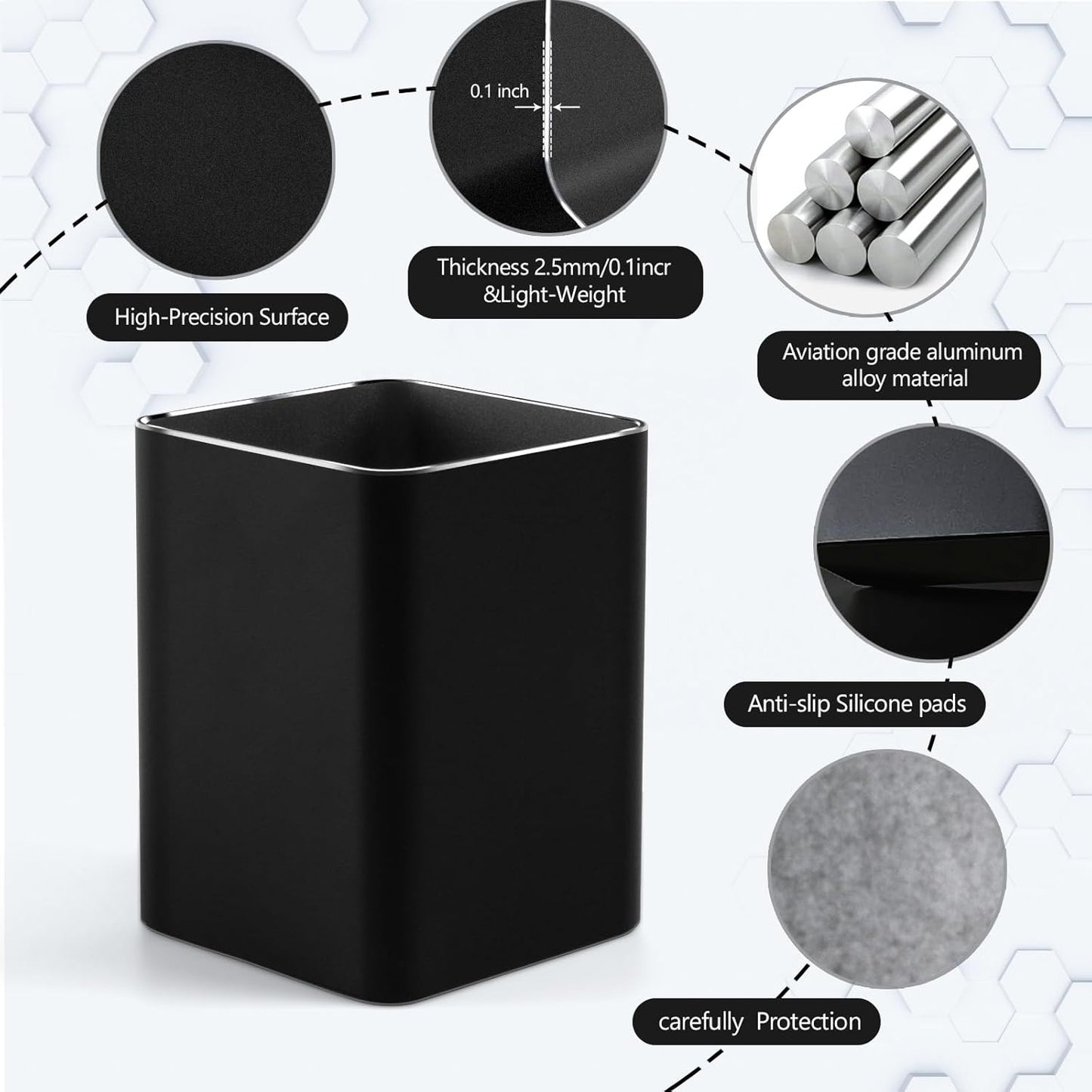RQB Metal Pen Holder for Desk Square Aluminum Desktop Organizer and Makeup Brush Holder Storage Box for Office, School, Home, and Kids, Non-slip silicone 4×3.15inch-Gray