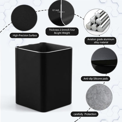 RQB Metal Pen Holder for Desk Square Aluminum Desktop Organizer and Makeup Brush Holder Storage Box for Office, School, Home, and Kids, Non-slip silicone 4×3.15inch-Gray