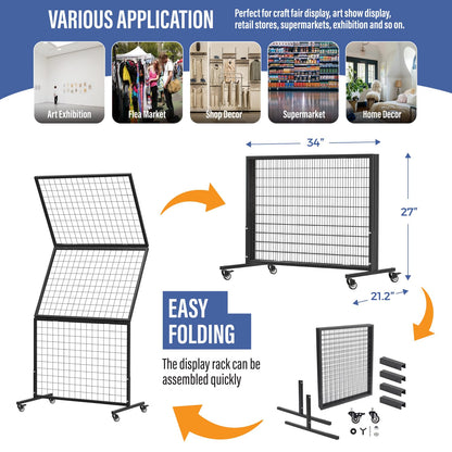 1 Pack Heavy Duty 3' x 6' Gridwall Panels Standing Wire Grid, Study Display Rack with T-Base Wheels, Suitable for Craft Merchandise Display Item Storage (Black)