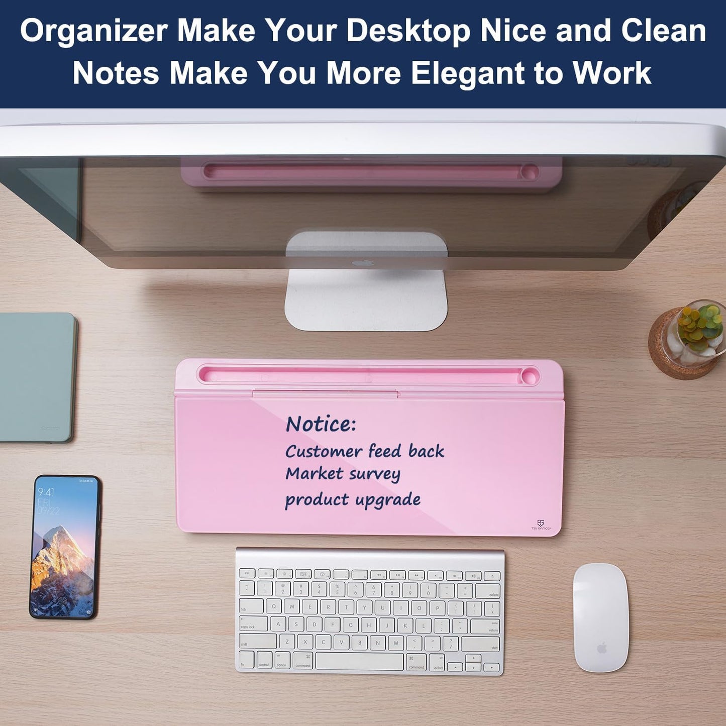 TSJ OFFICE Small Desktop Whiteboard -Glass Dry Erase Board Computer Keyboard Stand White Board Surface Pad with Drawer, Desk Organizers with Accessories for Office, Home, School Supplies - White