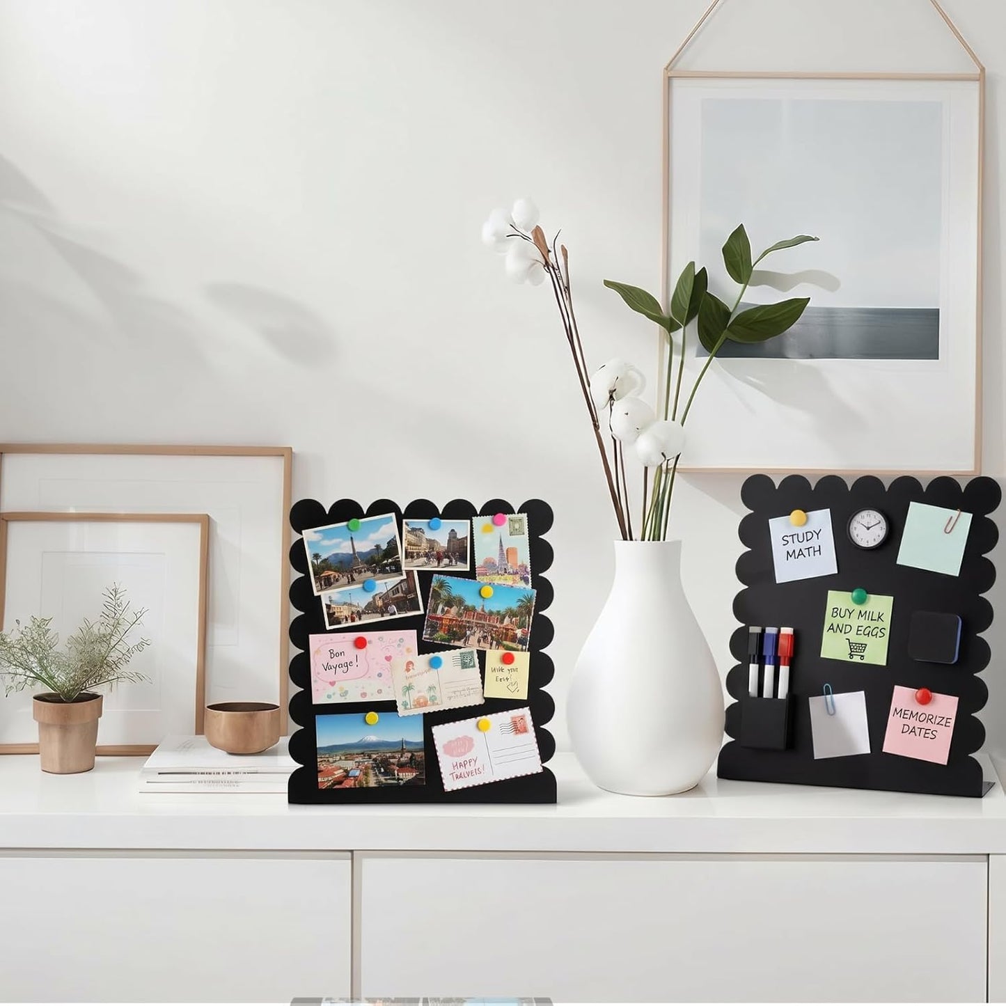 Gueevin 2 Pcs Magnet Board Standing Magnetic Metal Board for Desk and Wall Scalloped Magnetic Display Stand for Memos Photos and Documents Home Office School Desk Storage Decoration(White,Medium)