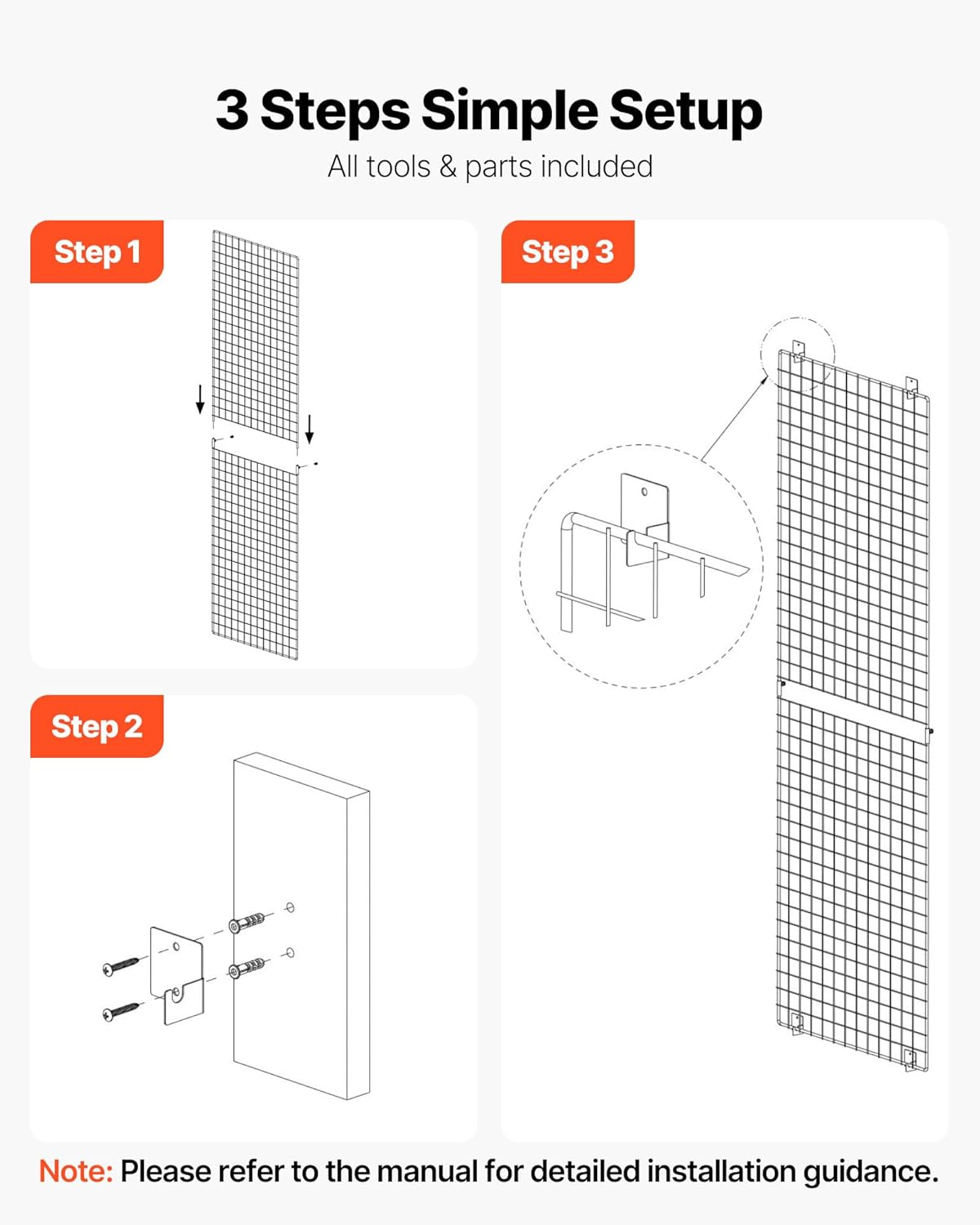 VEVOR 3 Packs Grid Wall Panels, 2 x 6 ft Wire Grid Panels Display Rack, Wall-Mounted Art Display Shelf, Black Carbon Steel Wall Hanging Gridwall for Craft Show, Decoration, Storage, Notice Board