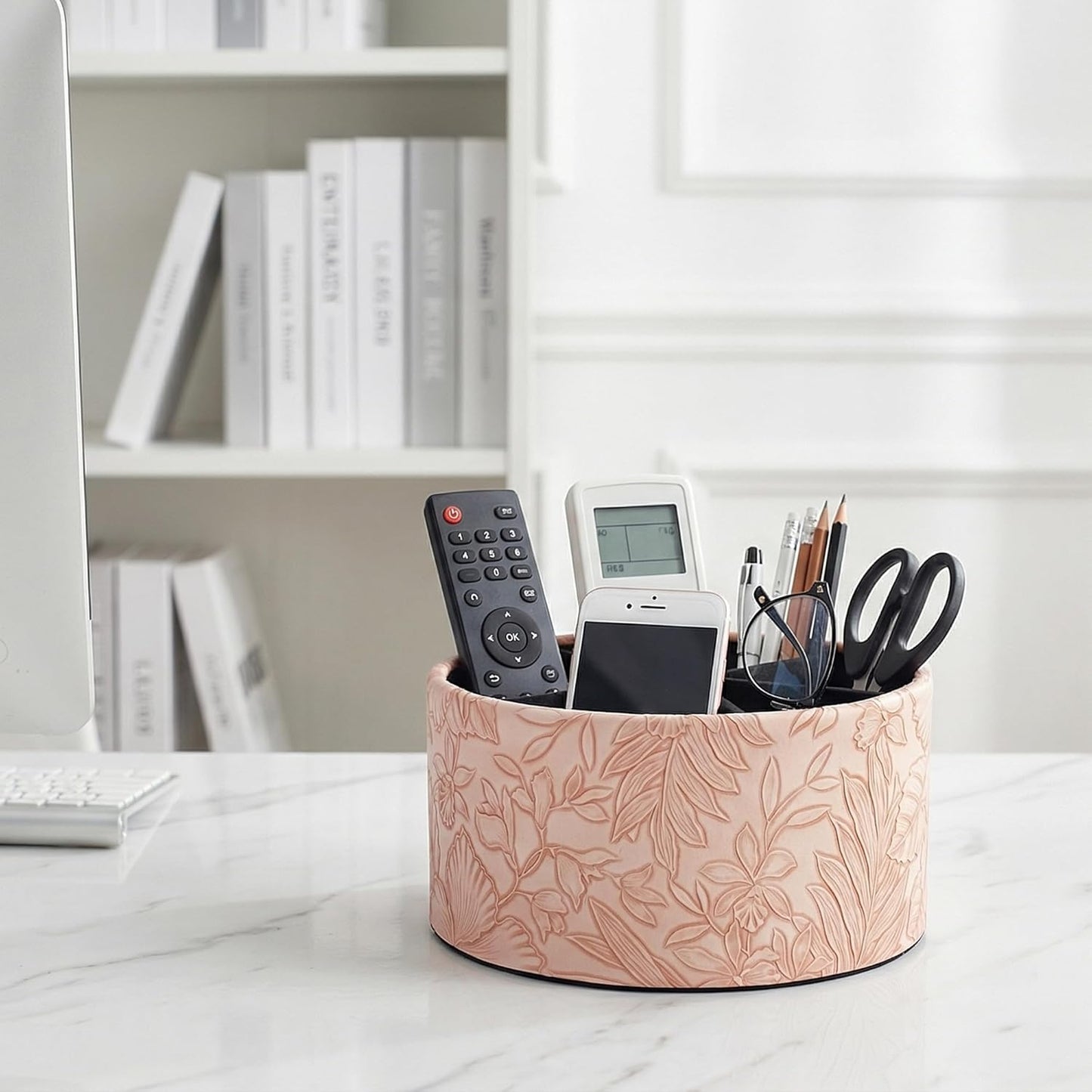 Round Leather Art Supply Organizer,Remote Control Holder,360 Degree Rotating,Multi-Functional Pencil Holder,4 Compartments Desktop Stationary Organizer(1-Fractal Flower) | Round - Colors B