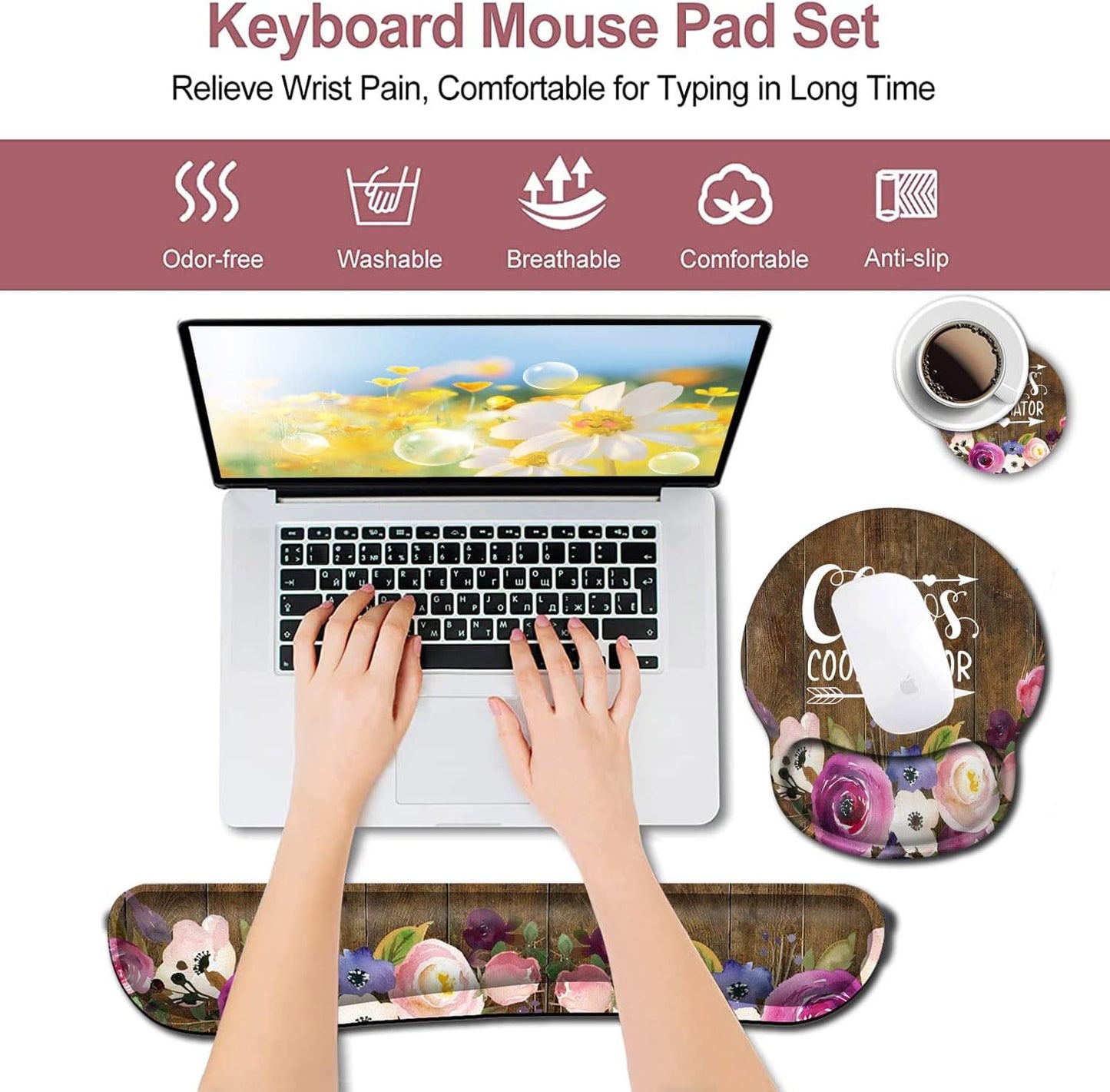 Mouse Pad with Wrist Support, Ergonomic Gel Mouse Pad Beautiful Flowers,Pink Hyacinths on Wood Panel，Non-Slip Durable, Memory Foam Keyboard Wrist Rest, Suitable for Office Typing Games