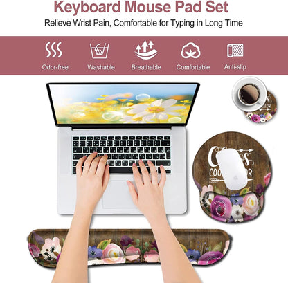 Mouse Pad with Wrist Support, Ergonomic Gel Mouse Pad Beautiful Flowers,Pink Hyacinths on Wood Panel，Non-Slip Durable, Memory Foam Keyboard Wrist Rest, Suitable for Office Typing Games