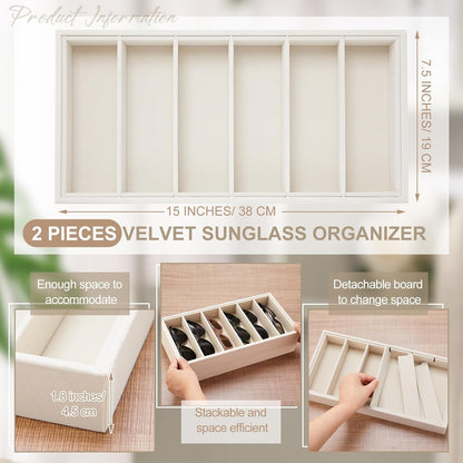 Juexica 2 Pcs Velvet Sunglasses Organizer Tray 6 Grid Sunglass Organizer Velvet Tray Stackable Glasses Display Case for Women Glasses Jewelry Display Watch (Beige)