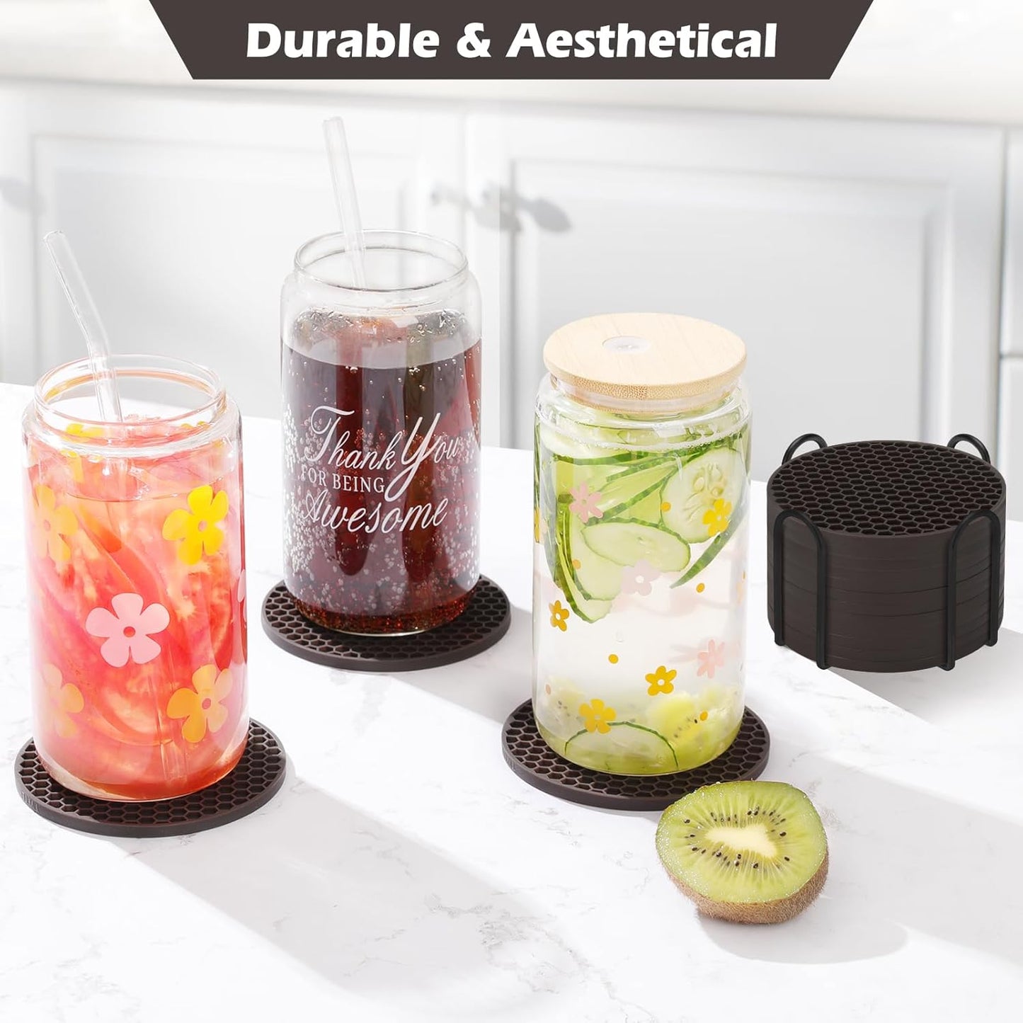 TWTLi Silicone Coasters Set of 8 with Holder,Coasters for Drinks,Beer,Coffee Coasters,Suitable for Kinds Cups,Hot or Cold,Anti-SLI,Non-Stick,Anti-Overflow Tabletop Protection and Decor (8 Pcs, Black)