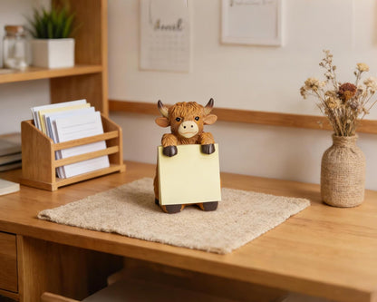 Highland Cow Pop-up Sticky Note Dispenser, Includes 1 Pad of 3x3 in Super Sticky Notes, 100 Sheets, Resin Cute Handmade Desk Holder for Office & Home-Beige