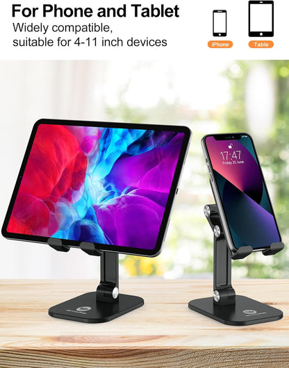 OCYCLONE Phone Stand, Cell Phone Stand Holder for Desk Office Accessories Adjustable Height and Angle Foldable iPhone Stand Compatible with 4"-13" All Phones iPad Tablet - Black
