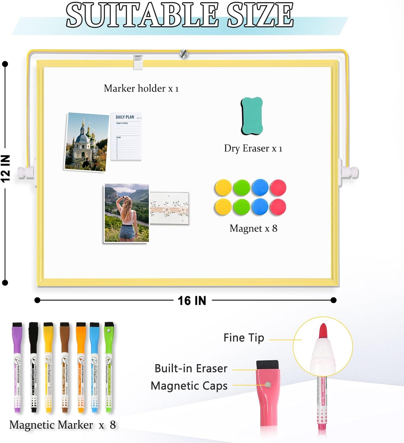 Dry Erase Magnetic White Board, 16" x 12" Double-Sided Desktop Whiteboard with Stand, Portable Small Whiteboard Set for Drawing, Office, Home