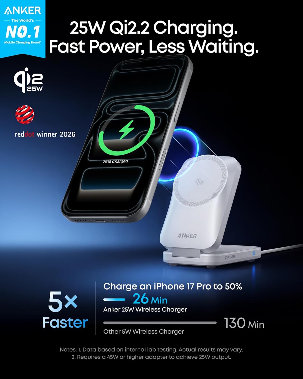 Anker Prime 3-in-1 Charging Station, AirCool Wireless Charger, 25W Qi2.2-Certified Palm-Sized Foldable MagSafe Charger Compatible with iPhone 17, Apple Watch, AirPods (Non-Battery, with Adapter)