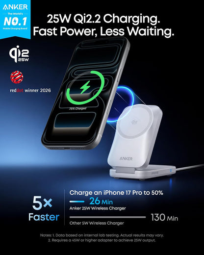 Anker Prime 3-in-1 Charging Station, AirCool Wireless Charger, 25W Qi2.2-Certified Palm-Sized Foldable MagSafe Charger Compatible with iPhone 17, Apple Watch, AirPods (Non-Battery, with Adapter)
