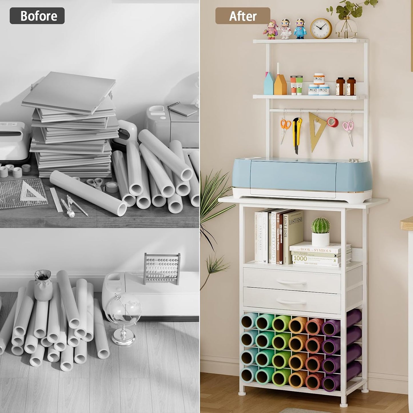 VENNQD Stand Compatible with Cricut Maker and Cricut Explore Air Series Craft Organizers and Storage with 2 Fabric Drawer and Shelves Crafting Table with Vinyl Roll Holder Workstation, White