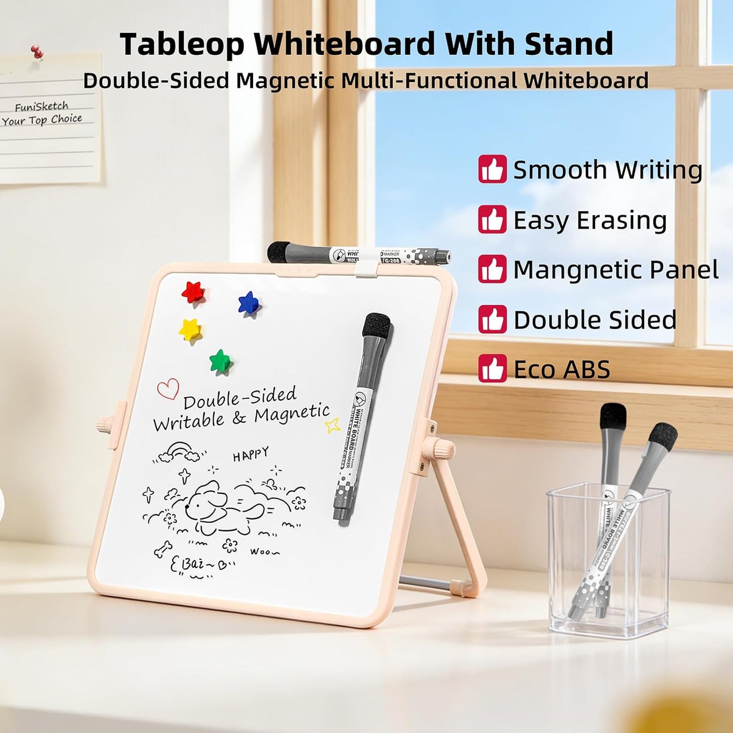 Colorful Dry Erase White Board 8.3x11in, Magnetic Desktop Board with Stand, 2 Markers (Eraser Head), 4 Magnets - Double-Sided Easel for Daily Planning, Memo, Office/Home/School (Blue)