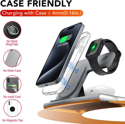 3 in 1 Foldable Charging Station for Apple Products,Wireless Charger for iPhone 17 16 15 14 13 12 Pro Max,Travel Dock Adapter&Light for iWatch Series 11 10 9 Ultra 3/2 SE 3/2,for AirPods 4 3 2 Pro 3/2