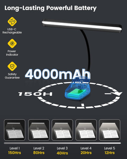 Glocusent Super Bright Eye-Caring Music Stand Light, Clip on Piano Lamp with 3 Colors & 5 Brightness Levels, 57 LEDs, USB-C Rechargeable, Lasts up to 140 Hrs, Perfect for Piano & Sheet Music