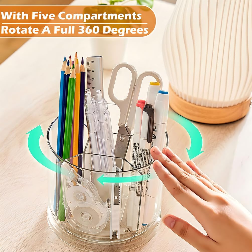 360 Degree Rotating Desk Organizer, Dual-Purpose Pencil Pen Holder, Rotating Desk Pen Organizer with 5 Compartments, Marker Caddy Pencil Cup for Office, Home, School (Clear)