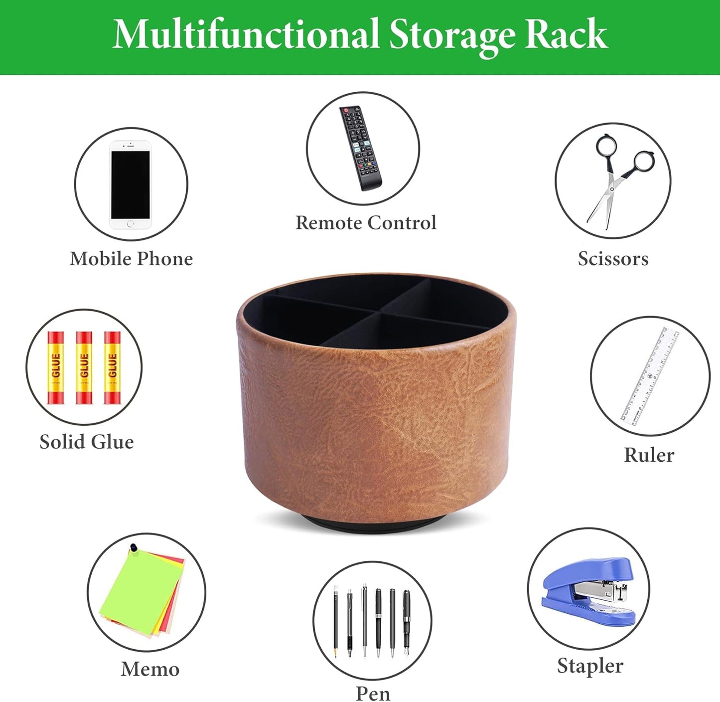 Round Leather Art Supply Organizer,Remote Control Holder,360 Degree Rotating,Multi-Functional Pencil Holder,4 Compartments Desktop Stationary Organizer(1-Fractal Flower) | Round - Colors A