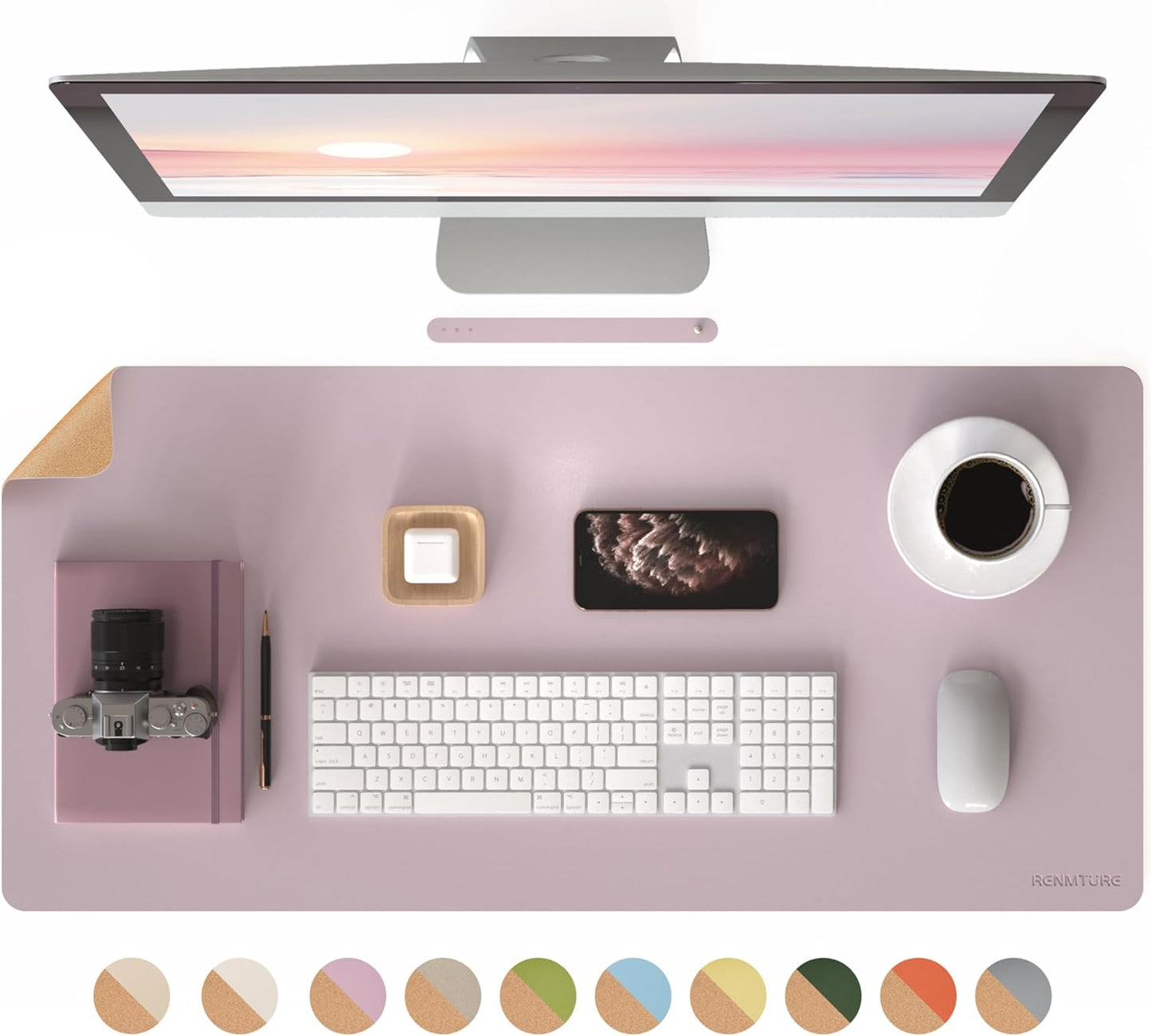 RENMTURE Desk Pad, Cork & PU Leather Desk Mat, Large Mouse pad, Non-Slip Desk Protector and Blotter, Waterproof Writing Pad, Desk Accessories and Organizers for Home Office (Light Yellow, 32"x16")