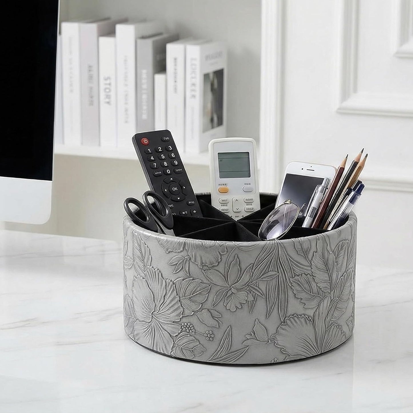 Round Leather Art Supply Organizer,Remote Control Holder,360 Degree Rotating,Multi-Functional Pencil Holder,4 Compartments Desktop Stationary Organizer(1-Fractal Flower) | Round - Colors C