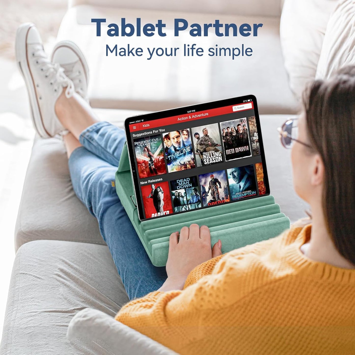 KDD Tablet Pillow Holder, Foldable iPad Stand for Lap, Bed and Desk -Tablet Soft Pad Dock with Pocket & Stylus Mount Compatible with iPad Pro 12.9, 10.5, 9.7 Air Mini 6 5 4 3, Galaxy Tab, E-Reader