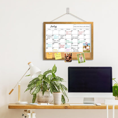 Calendar Whiteboard for Wall, TANKEE 17x13 Inches Whiteboard Calendar Cork Board Combo, Small Magnetic White Board with Wood Framed, Hanging Dry Erase Board for Kitchen Home Office School Planner